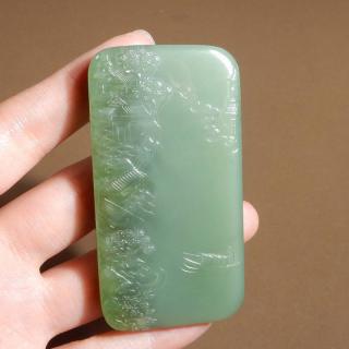 美美哒方言品牌和田玉俄罗斯老坑碧玉猫眼下山虎山水牌吊坠挂件a2